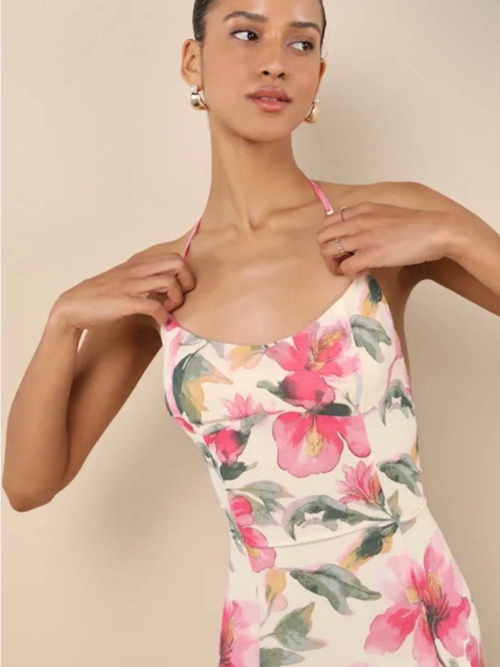 Lulus Floral Midi Dress Halter Open Back Pink Cream Spring Summer NWT - Picture 4 of 9
